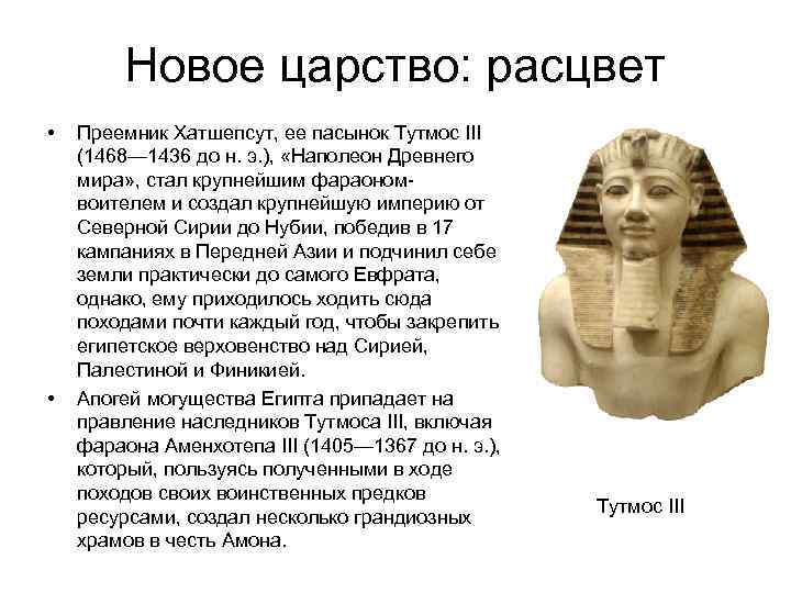   Новое царство: расцвет •  Преемник Хатшепсут, ее пасынок Тутмос III (1468—