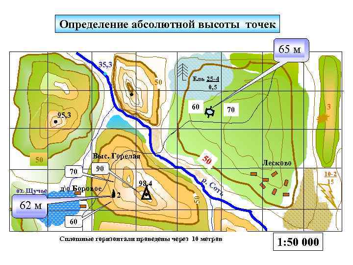   Определение абсолютной высоты точек       65 м