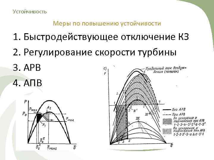 Устойчивость   Меры по повышению устойчивости 1. Быстродействующее отключение КЗ 2. Регулирование скорости