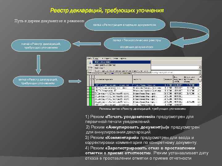      Реестр деклараций, требующих уточнения Путь в дереве документов и