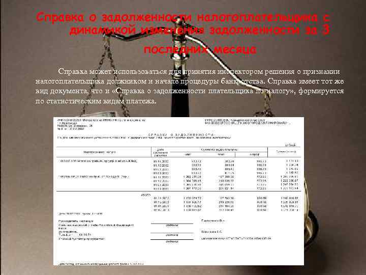 Справка о задолженности налогоплательщика с динамикой изменения задолженности за 3    