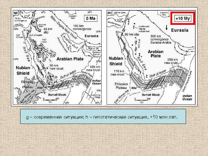g – современная ситуация; h – гипотетическая ситуация, +10 млн лет. 