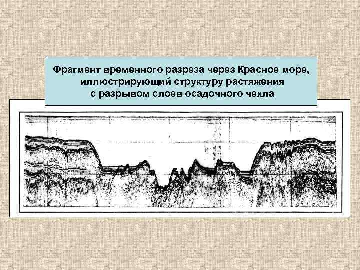 Фрагмент временного разреза через Красное море, иллюстрирующий структуру растяжения  с разрывом слоев осадочного