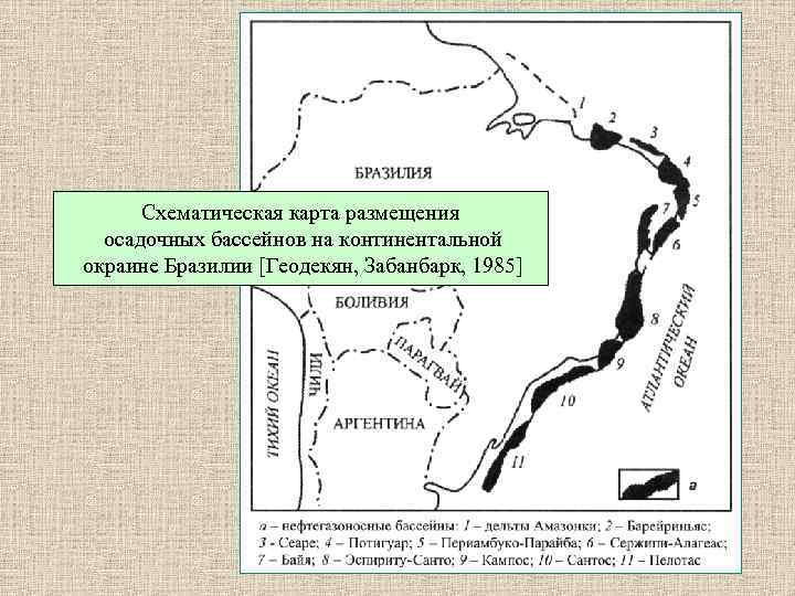 Схематическая карта размещения осадочных бассейнов на континентальной окраине Бразилии [Геодекян, Забанбарк, 1985] 