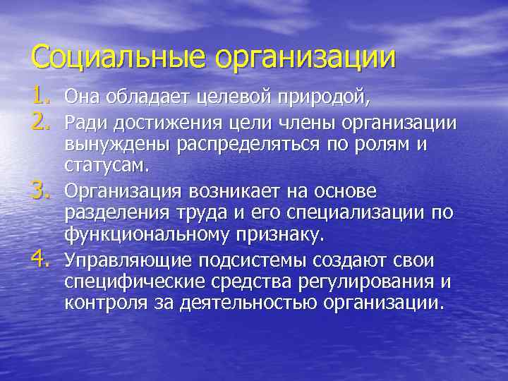 Социальные организации 1. Она обладает целевой природой, 2. Ради достижения цели члены организации вынуждены