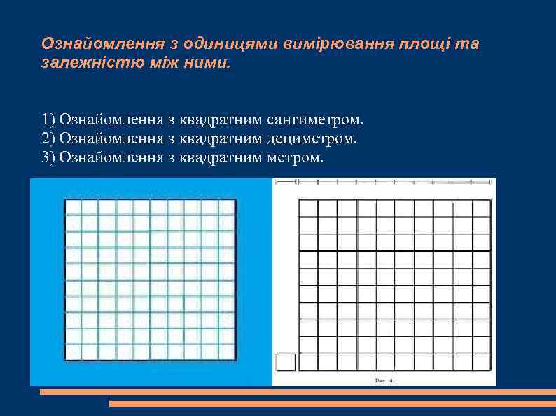 Ознайомлення з одиницями вимірювання площі та залежністю між ними.  1) Ознайомлення з квадратним