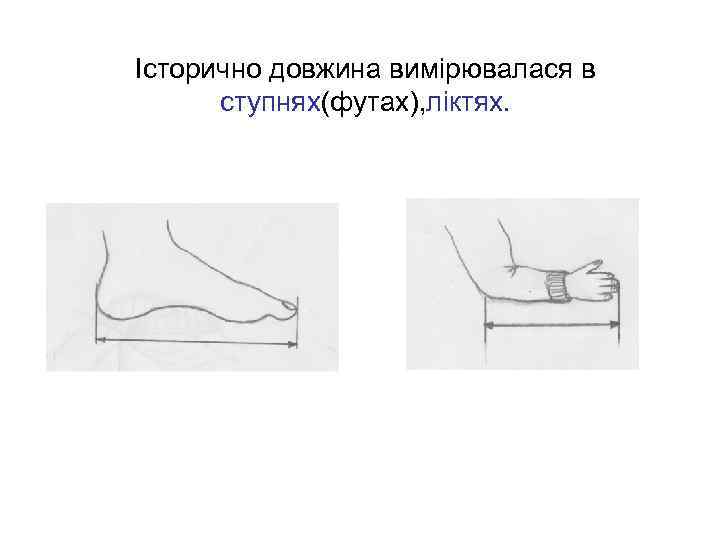 Історично довжина вимірювалася в  ступнях(футах), ліктях. 