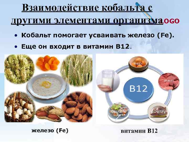  Взаимодействие кобальта с другими элементами организма. LOGO  • Кобальт помогает усваивать железо