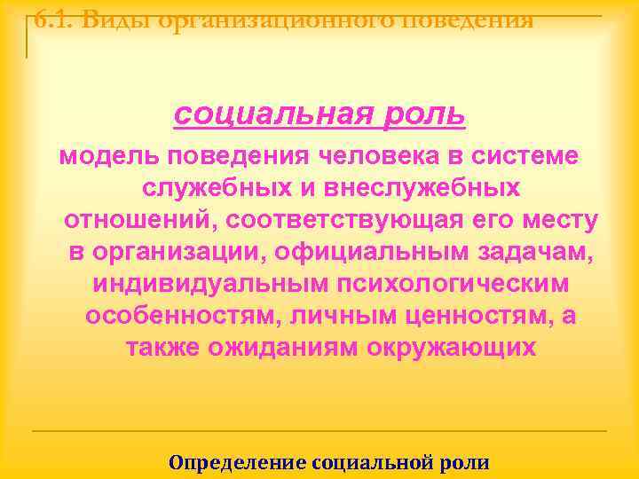 6. 1. Виды организационного поведения   социальная роль модель поведения человека в системе