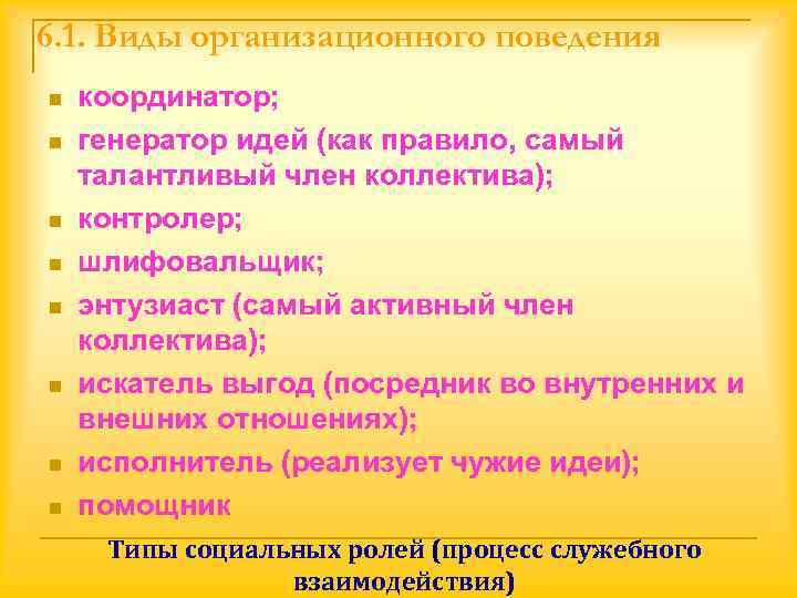 6. 1. Виды организационного поведения n  координатор; n  генератор идей (как правило,
