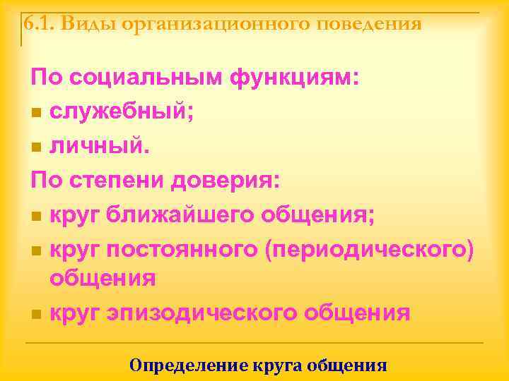 6. 1. Виды организационного поведения По социальным функциям: n служебный;  n личный. 