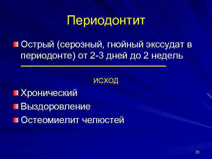    Периодонтит Острый (серозный, гнойный экссудат в периодонте) от 2 -3 дней