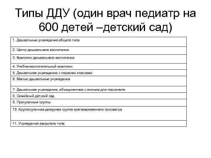  Типы ДДУ (один врач педиатр на 600 детей –детский сад) 1. Дошкольные учреждения