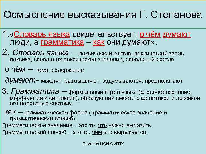 Осмысление высказывания Г. Степанова 1. «Словарь языка свидетельствует, о чём думают  люди, а