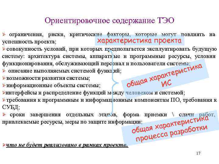    Ориентировочное содержание ТЭО Ø ограничения,  риски,  критические факторы, 