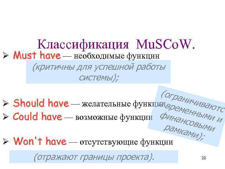   Классификация Mu. SCo. W.  Ø Must have — необходимые функции 