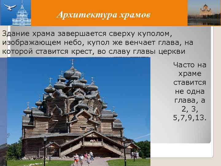    Архитектура храмов Здание храма завершается сверху куполом,  изображающем небо, купол