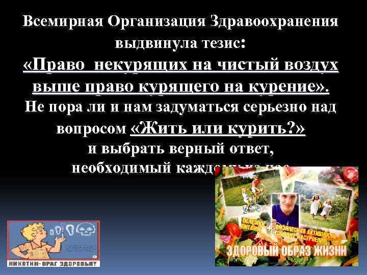 Всемирная Организация Здравоохранения  выдвинула тезис:  «Право некурящих на чистый воздух выше право