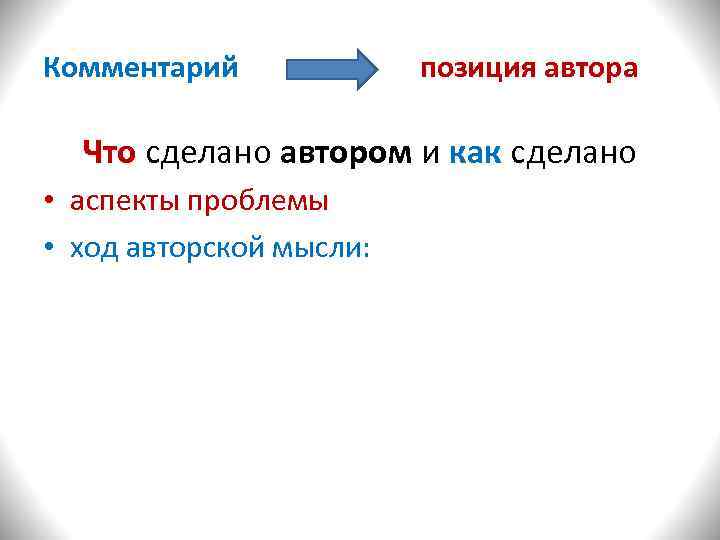 Комментарий     позиция автора Что сделано автором и как сделано 