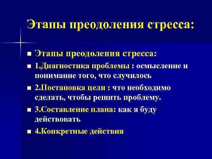 Этапы преодоления стресса:  n  Этапы преодоления стресса: n  1. Диагностика проблемы