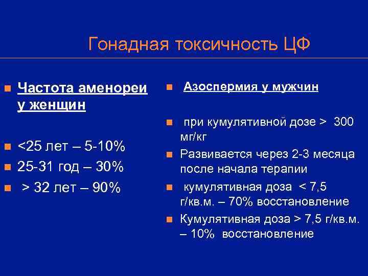    Гонадная токсичность ЦФ n  Частота аменореи  n  Азоспермия