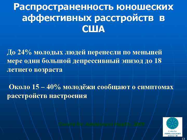  Распространенность юношеских  аффективных расстройств в   США До 24% молодых людей
