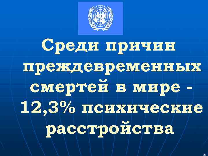  Среди причин преждевременных смертей в мире - 12, 3% психические  расстройства 