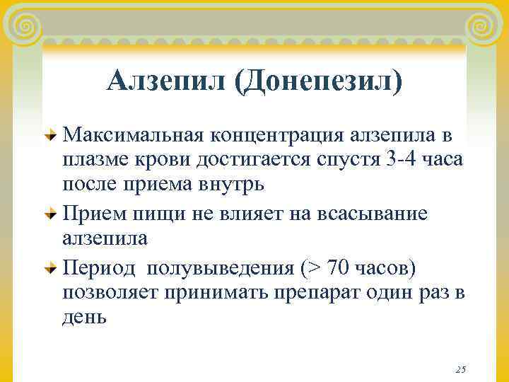   Алзепил (Донепезил) Максимальная концентрация алзепила в плазме крови достигается спустя 3 -4