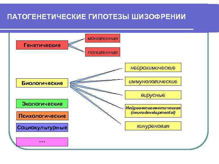 ПАТОГЕНЕТИЧЕСКИЕ ГИПОТЕЗЫ ШИЗОФРЕНИИ     моногенная Генетические     полигенная