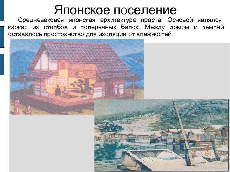    Японское поселение Средневековая японская архитектура проста.  Основой являлся каркас из