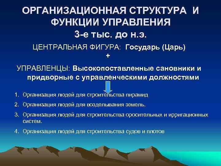  ОРГАНИЗАЦИОННАЯ СТРУКТУРА И  ФУНКЦИИ УПРАВЛЕНИЯ  3 -е тыс. до н. э.
