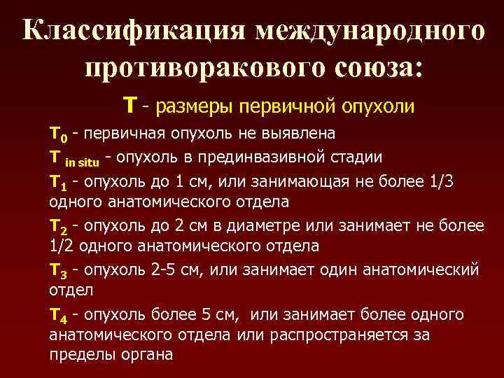 Классификация международного  противоракового союза:  Т - размеры первичной опухоли Т 0 -