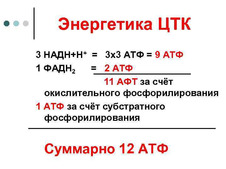   Энергетика ЦТК 3 НАДН+Н+ = 3 х3 АТФ = 9 АТФ 1
