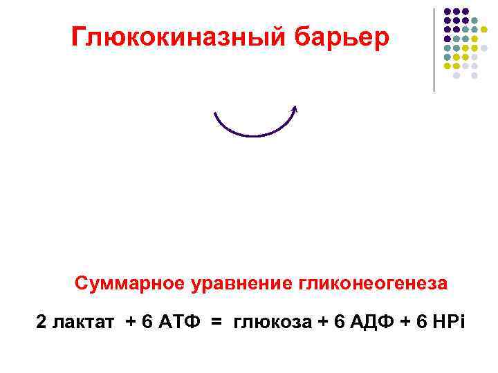   Глюкокиназный барьер  Суммарное уравнение гликонеогенеза 2 лактат + 6 АТФ =