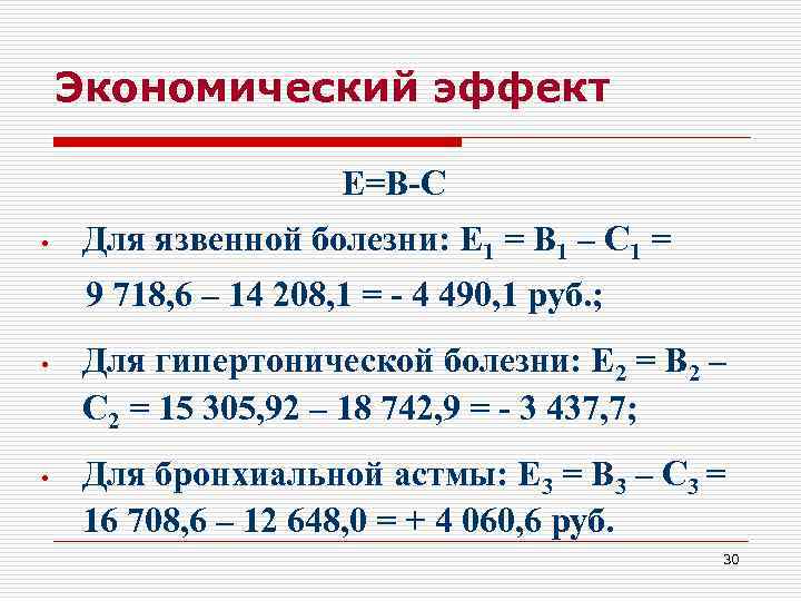   Экономический эффект    Е=В-С • Для язвенной болезни: Е 1