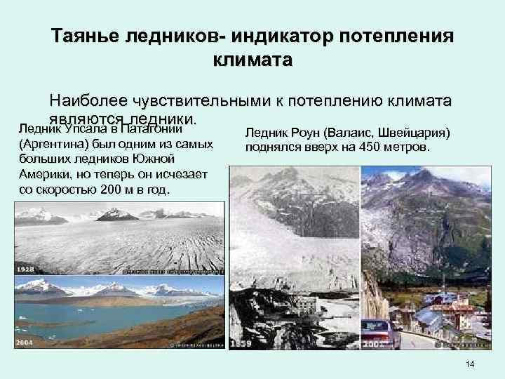   Таянье ледников- индикатор потепления    климата Наиболее чувствительными к потеплению