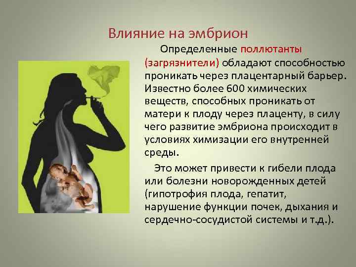 Влияние на эмбрион  Определенные поллютанты   (загрязнители) обладают способностью   проникать