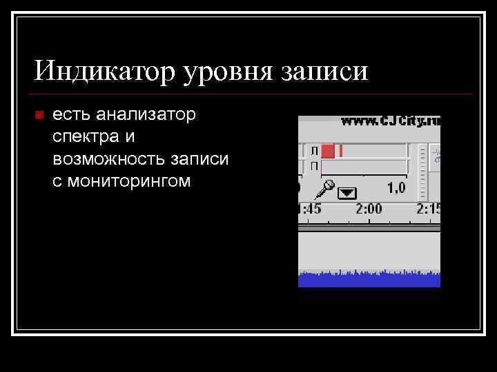 Индикатор уровня записи n  есть анализатор спектра и возможность записи с мониторингом 