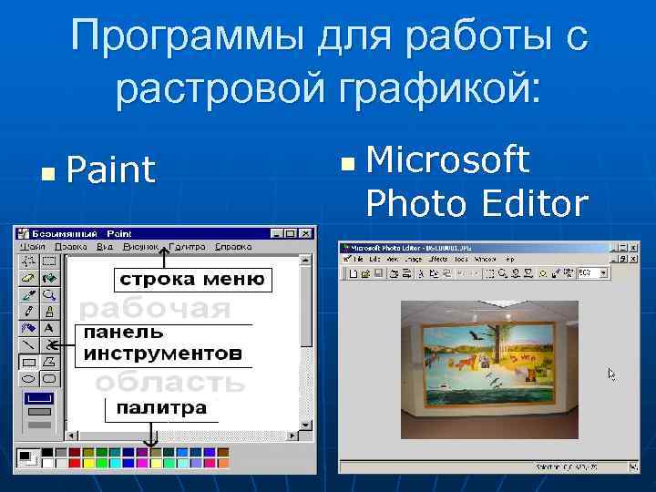   Программы для работы с  растровой графикой: n  Paint n 