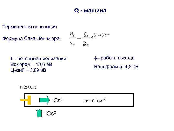      Q - машина Термическая ионизация Формула Саха-Ленгмюра:  I