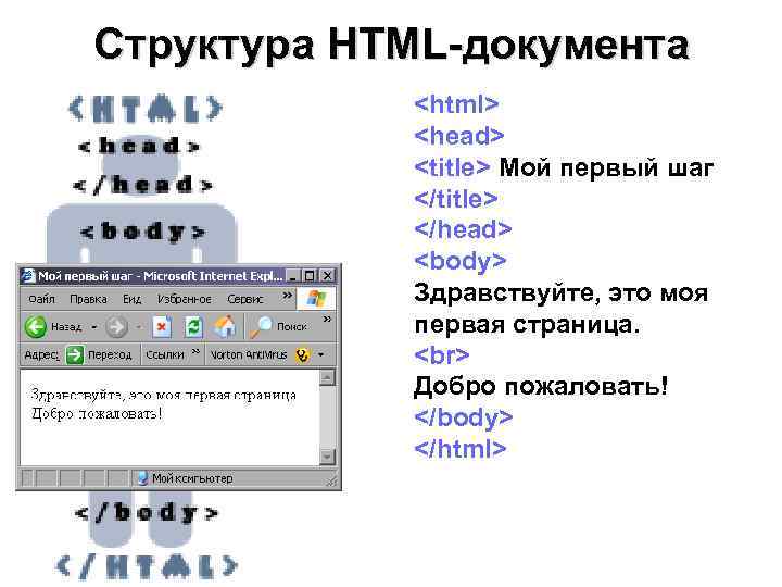 Структура HTML-документа   <html>   <head>   <title> Мой первый шаг