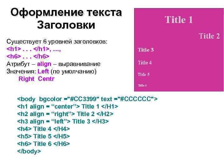  Оформление текста Заголовки Существует 6 уровней заголовков: <h 1>. . . </h 1>,