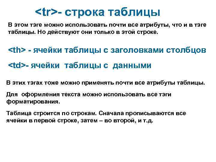   <tr>- строка таблицы В этом тэге можно использовать почти все атрибуты, что