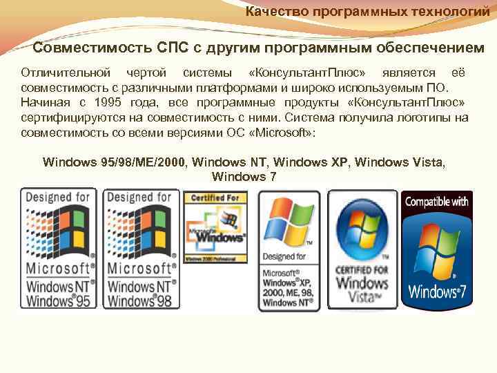        Качество программных технологий  Совместимость СПС с