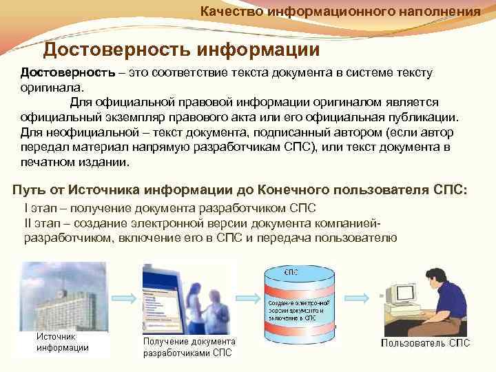 Получение правовой информации. Достоверность правовой информации. Достоверность правовой информации в спс - это. Тексты документов в справочных правовых системах:. Качества информационного наполнения спс.