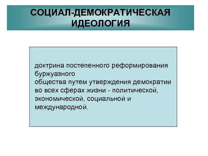 СОЦИАЛ-ДЕМОКРАТИЧЕСКАЯ  ИДЕОЛОГИЯ  доктрина постепенного реформирования буржуазного общества путем утверждения демократии во всех