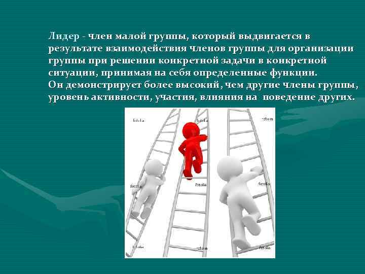 Лидер - член малой группы, который выдвигается в результате взаимодействия членов группы для организации