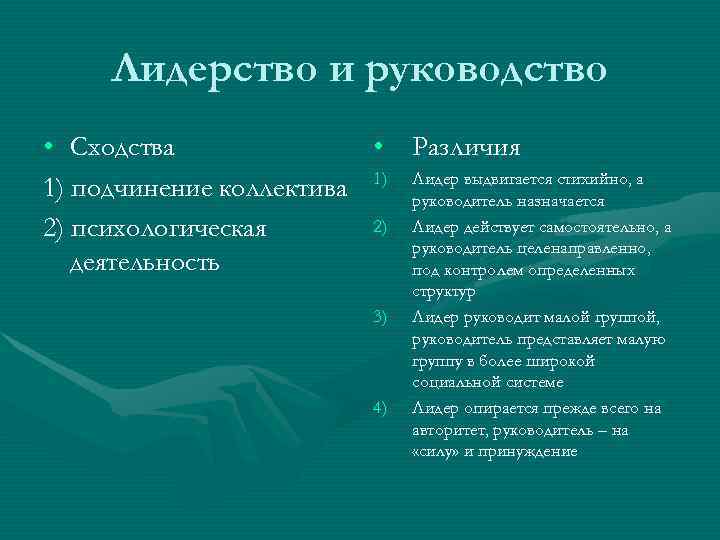 Лидерство и руководство • Сходства    • Различия 1) подчинение коллектива