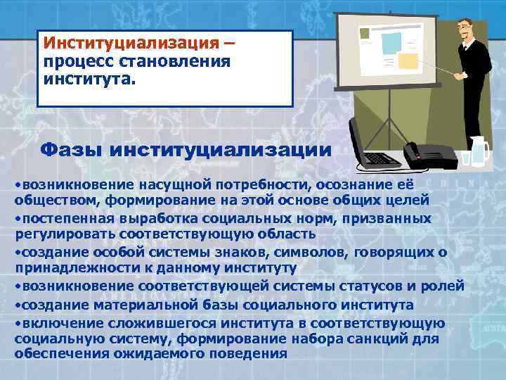   Институциализация –  процесс становления  института.  Фазы институциализации • возникновение