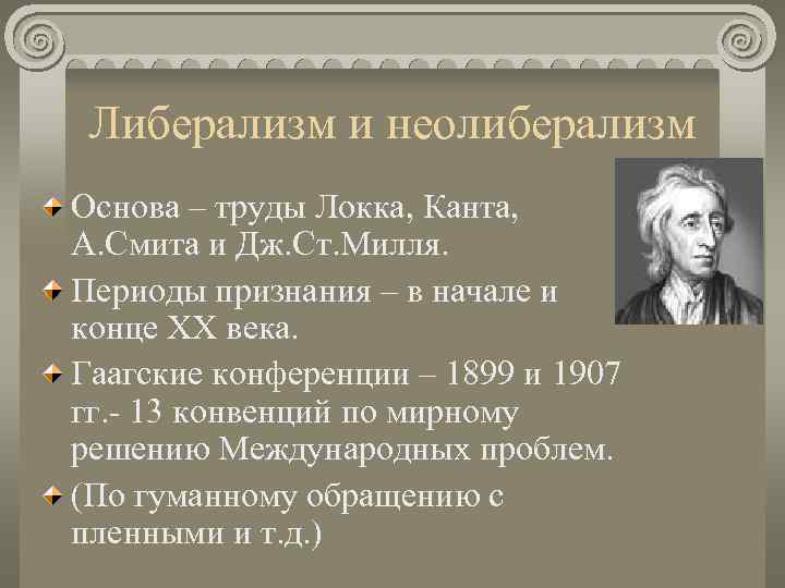  Либерализм и неолиберализм Основа – труды Локка, Канта, А. Смита и Дж. Ст.
